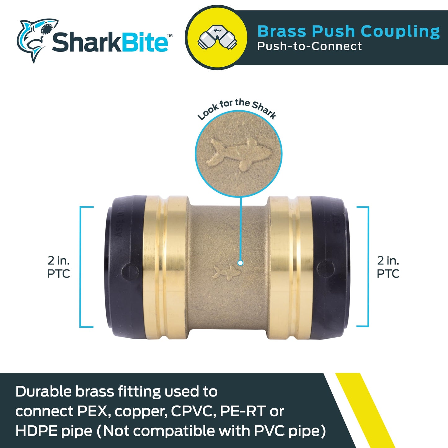 SharkBite 2 Inch Coupling, Push to Connect Brass Plumbing Fitting, PEX Pipe, Copper, CPVC, PE-RT, HDPE, UXL0154
