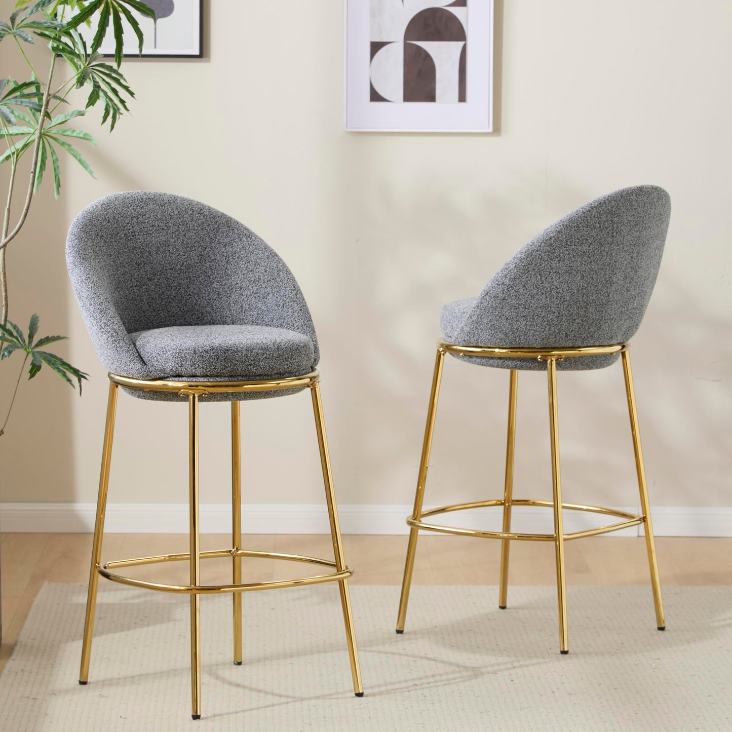 GDFStudio Set of 6 Indoor Metal Upholstered Barstools,Gold-Plated Frame - Modern Ergonomic Bar Chairs with Plush Seat & Half-Moon Backrest for Kitchen Island,Home Bar,Counter,30" Seat Height,Gray