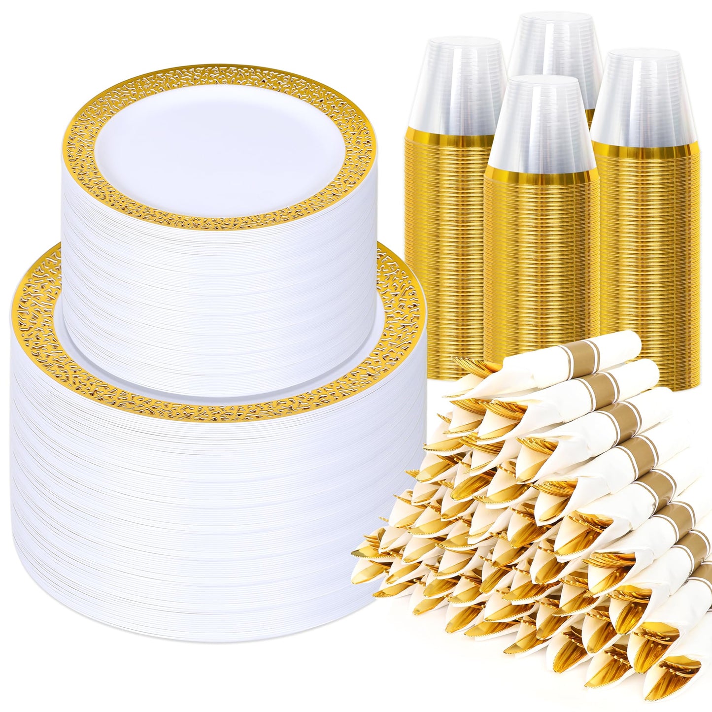 Sylans 700PCS Gold Lace Disposable Dinnerware Set for 100 Guests, Plastic Plates Set Heavy Duty elegant Include 200 Dinner Dessert Plates, 100 Rolled Napkins Silverware, 100 Cups for Party & Wedding
