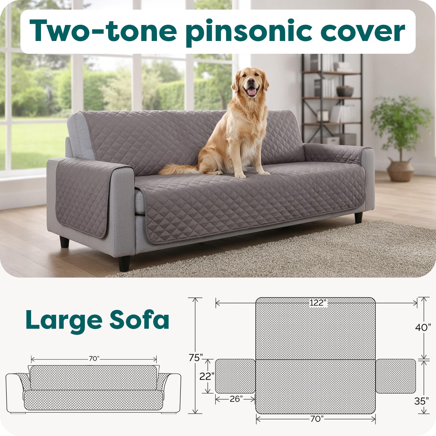 FurHaven Water-Resistant Sofa Cover for Dogs & Cats, Reversible Couch Protector with Secure Straps and Pinsonic Quilted Fabric, Machine Washable Couch Cover, Large Sofa, Gray Mist