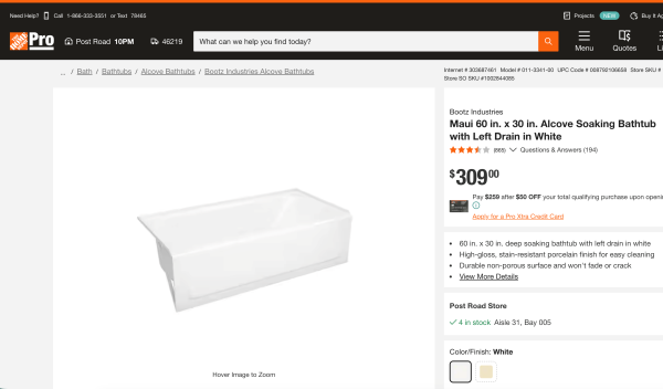 Bootz Industries Maui 60 in. x 30 in. Soaking Bathtub with Left Drain in White 011-3341-00