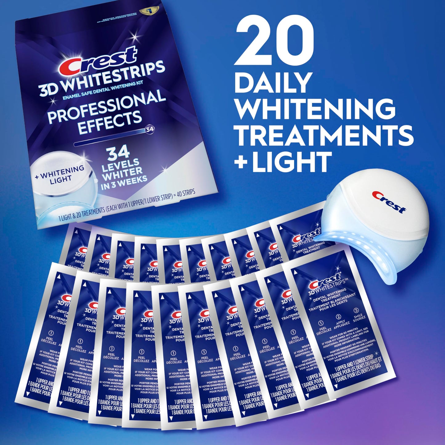 Crest 3D Whitestrips Professional Effects + LED Light – Teeth Whitening Kit, 1 Light + 20 Treatments, Each with 1 Upper/1Lower, 40 Strips – Crest 3DWhite Teeth Whitening Strips