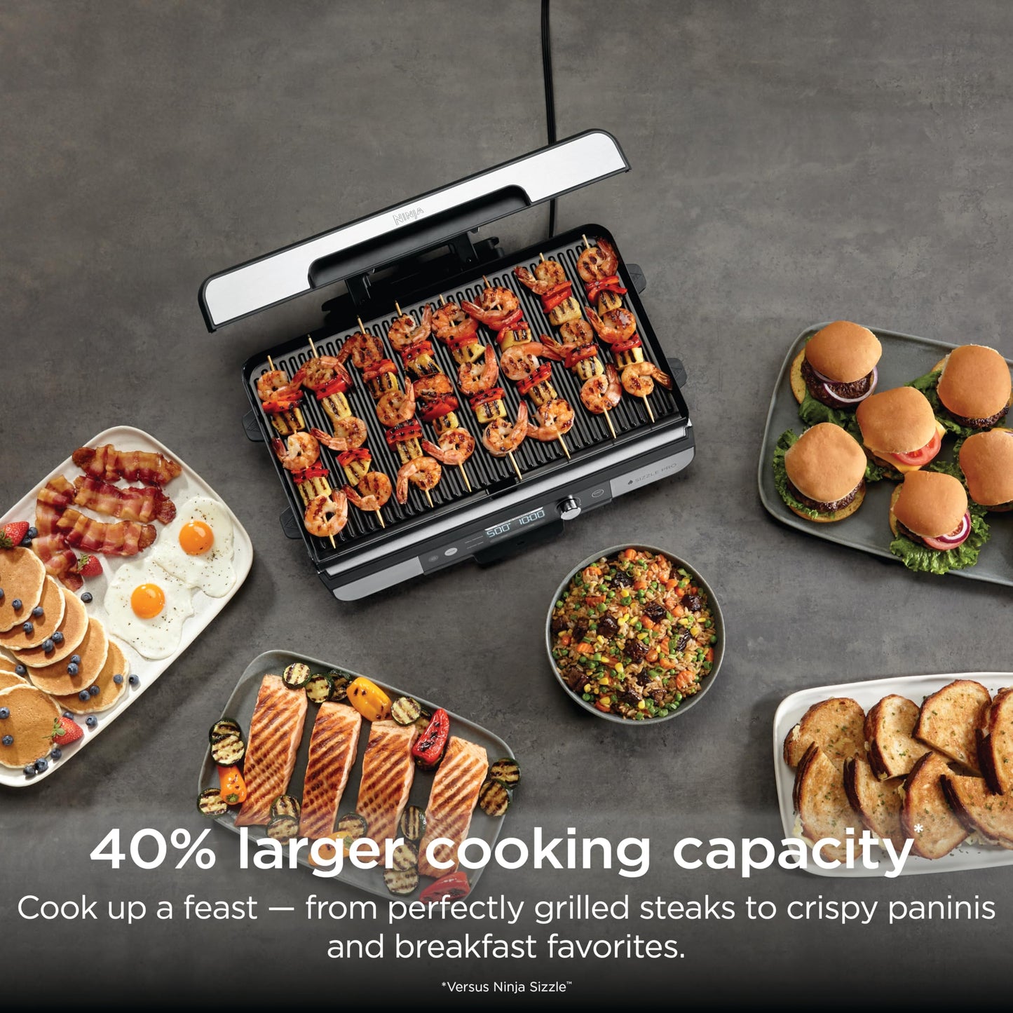 Ninja Sizzle Pro XL 20-Inch Indoor Griddle + Grill, Detachable Ventilated Lid, Grease Control, Ceramic Nonstick Plates, Even Edge Cooking, Extra Large Capacity, Versatile, Silver, GX101
