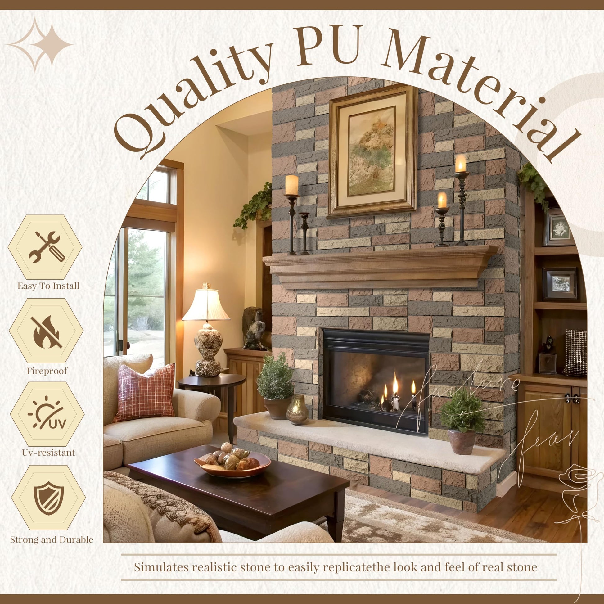 Brakki Faux Brick Wall Panels, 1-Pack 3D Stone Veneer 44.88"x11.81"x1.18", High-Density PU Faux Stone Wall Panel for Exterior and Interior Decor, Easy to Cut, Cognac Brown