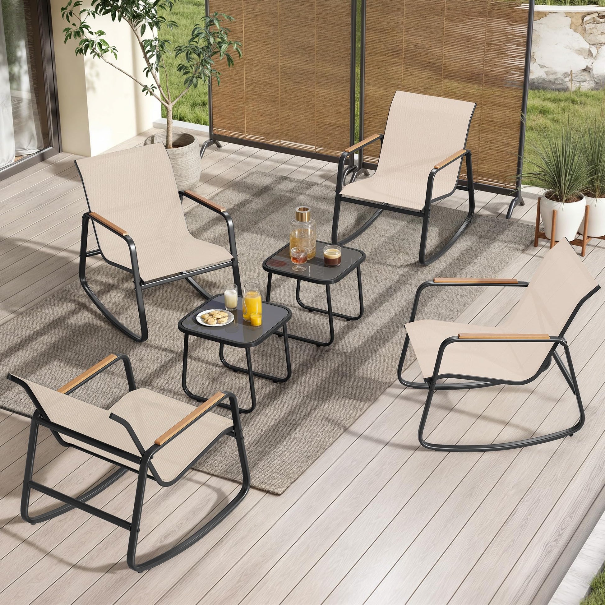 DWVO Patio Rocking Bistro Set, 3 Piece Durable Textilene Outdoor Furniture Set, Wooden Armrest Rocker Chairs & Glass Table for Garden, Balcony & Poolside, Beige