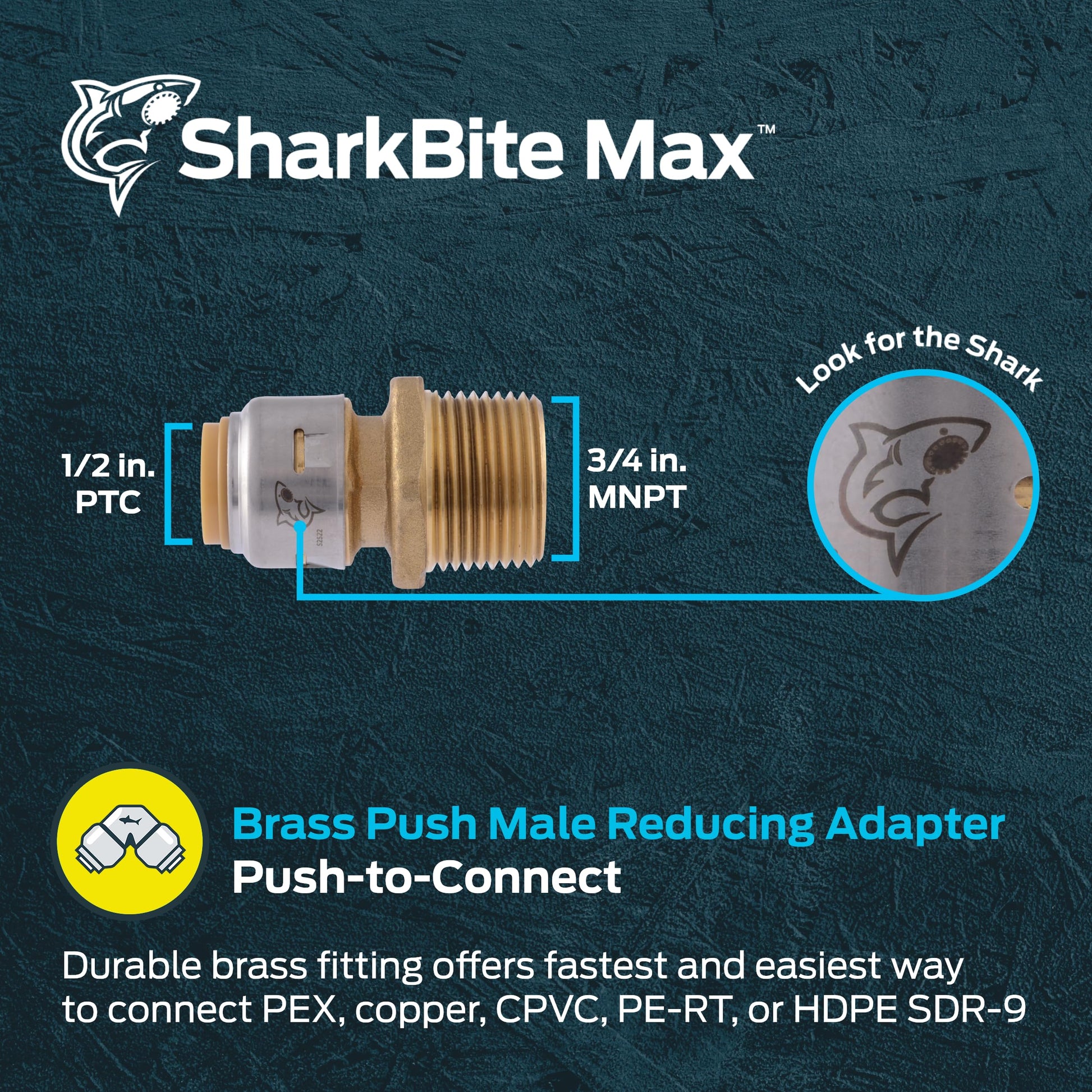 SharkBite Max 1/2 Inch x 3/4 Inch MNPT Reducing Adapter, Push to Connect Brass Plumbing Fitting, PEX Pipe, Copper, CPVC, PE-RT, HDPE, UR116A