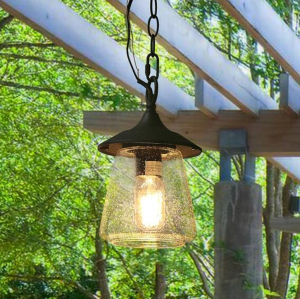 LNC Exterior 1-Light Black Porch Outdoor Hanging Lantern Sconce Patio Light with Seeded Glass Shade LED Compatible