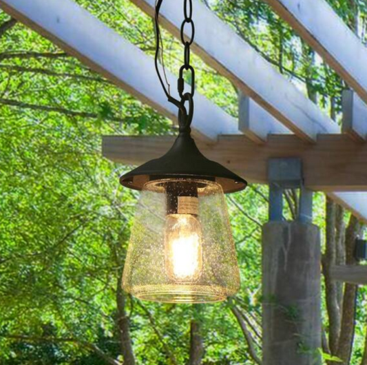 LNC Exterior 1-Light Black Porch Outdoor Hanging Lantern Sconce Patio Light with Seeded Glass Shade LED Compatible