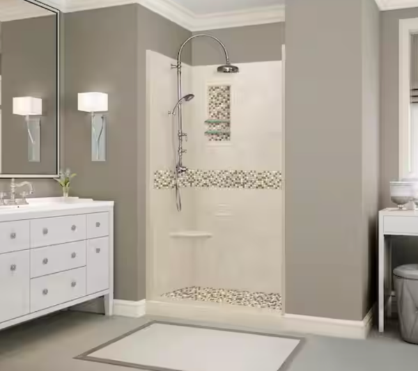 AMERICAN BATH FACTORY Roma 42 in. L x 36 in. W x 80 in. H Center Drain Alcove Shower Kit with Shower Wall and Shower Pan in Desert Sand
