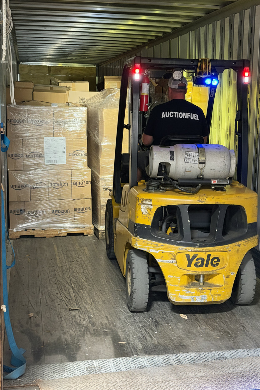 A yellow Yale forklift loaded with a gas cylinder, operated by a driver inside a shipping container next to stacked cardboard boxes.