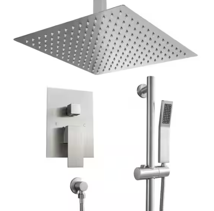 Ceiling Mount Rain Shower System, Handheld Shower Head in Brushed Nickel
