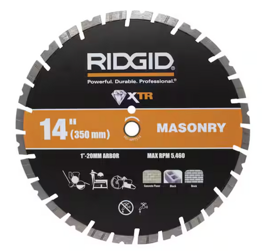 RIDGID 14 in. Masonry Diamond Blade HD-MPTS14 1 in. arbor, includes a 20 mm adapter