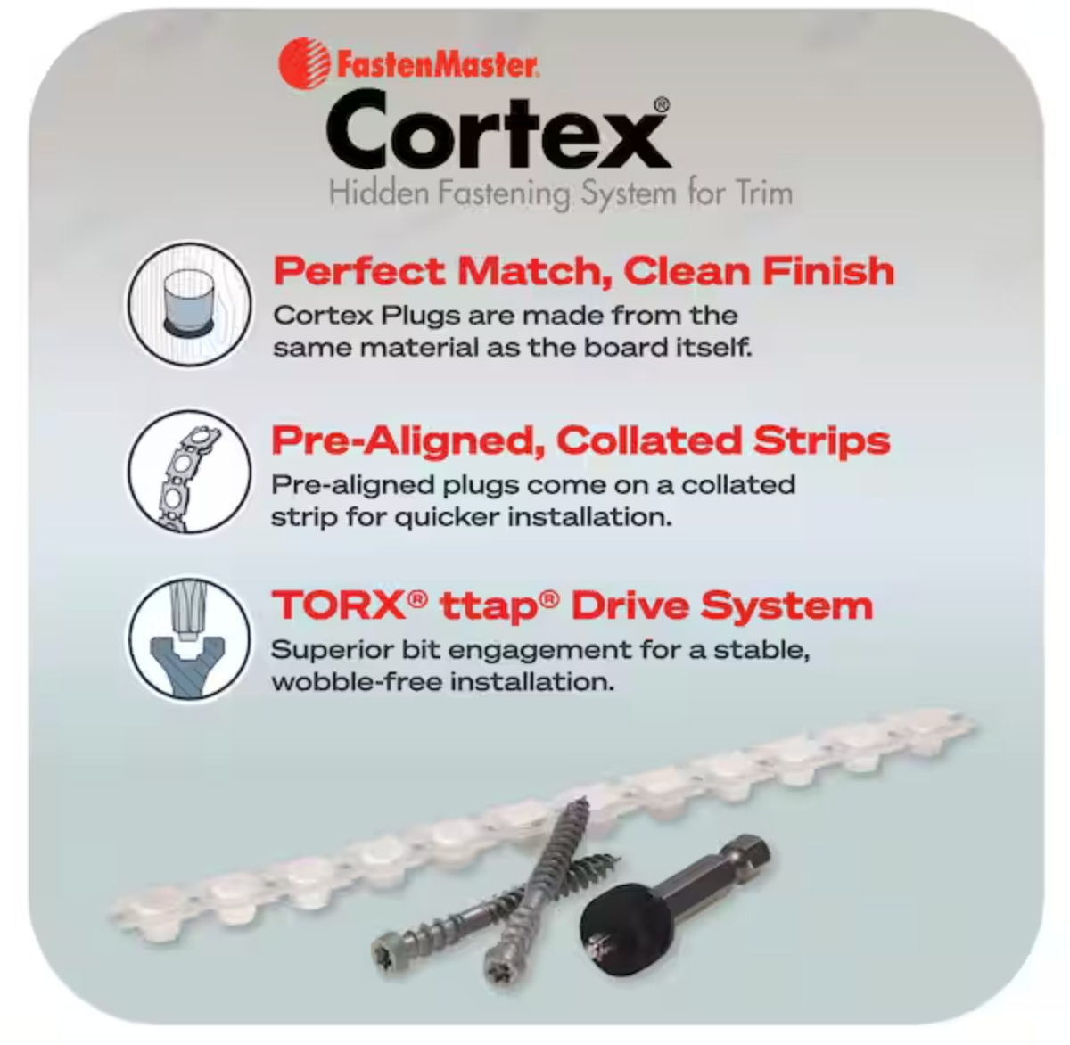FastenMaster Collated Cortex Hidden Fastening System for Veranda Trim - 2 inch Cortex Screws and Plugs - Smooth (50 LF) FMCTXTCL-VA50SMHD