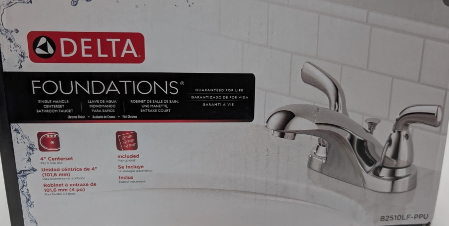 Delta Foundations Centerset Chrome Bathroom Faucet, 4 Inch 3 Hole Bathroom Sink Faucet for Vanity, Chrome B2510LF-PPU