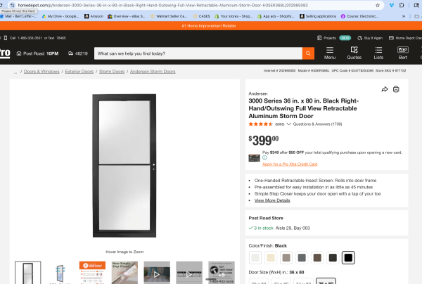 Andersen 3000 Series 36 in. Black Self-Storing Easy Install Storm Door