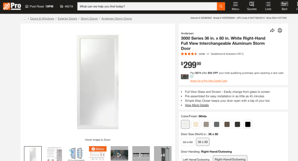 Andersen 3000 Series 36 in. White Fullview Easy Install Storm Door