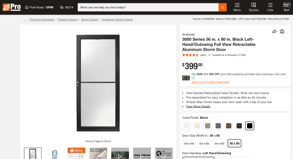 Andersen 3000 Series 36 in. Black Self-Storing Easy Install Storm Door