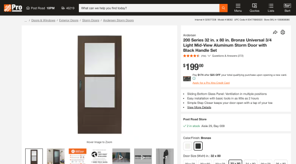 Andersen Bronze Aluminum Storm Door, 32x80 inches, Universal 3/4 Light, Mid-View, Black Handle Set, Andersen 200 Series