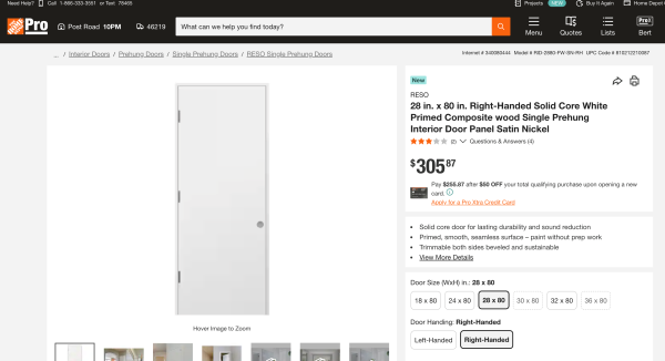 28 in. x 80 in.Right-Handed Solid Core White Primed Composite Single Prehung Interior Door Flush Panel Satin Nickel