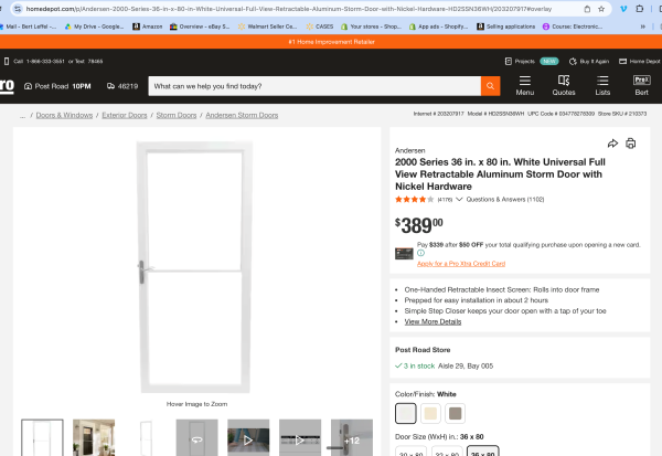 Andersen 2500 Series 36 in. White Self-Storing Storm Door