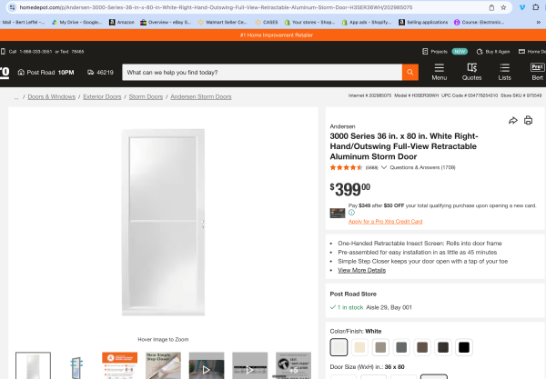 Andersen 3000 Series 36 in. White Self-Storing Easy Install Storm Door