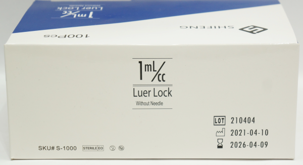 SHIFENG, 1ml Syringe with Luer Lock tip, Pack of 100 (No Needles Included)
