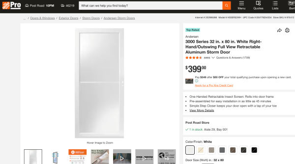 Andersen 3000 Series 32 in. White Self-Storing Easy Install Storm Door
