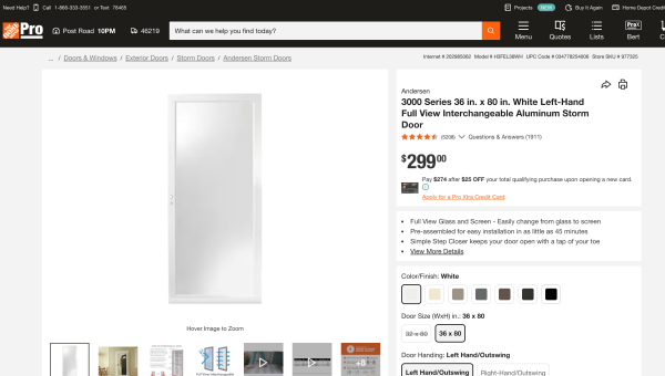 Andersen 3000 Series 36 in. White Fullview Easy Install Storm Door